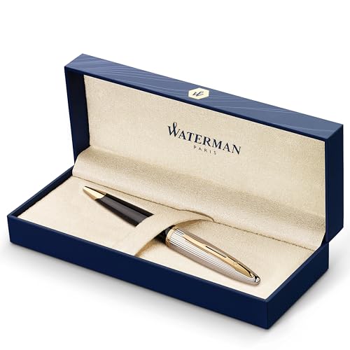Waterman Carène Deluxe Kugelschreiber | hochglänzend Schwarz mit Silber-Plattierung und Clip aus 23-karätigem Gold | mittlere Schreibspitze | blaue Tinte | Geschenkbox von Waterman