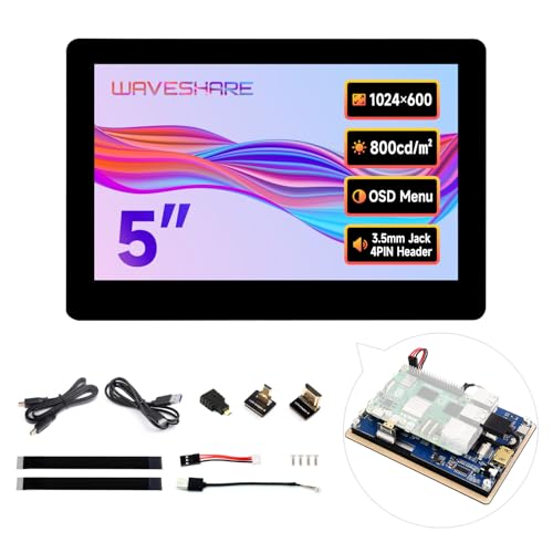 Waveshare 5inch High-Brightness Touch Screen, Compatible with Raspberry Pi 5/4B/3B/Zero W/Zero 2W/Pico W, Supports Windows 11/10 and Jetson Nano, Wide-Bezel Capacitive Touch 1024x600 HDMI IPS Panel von Waveshare