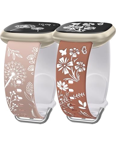 Wearlizer 2 Packs Floral Gravierte Armbänder Kompatibel mit Fitbit Versa 4/Versa 3 /Sense 2/Sense Frauen, Zweifarbige Blume Silikon Sportarmband, Milchtee/Weiß & Braun/Weiß von Wearlizer