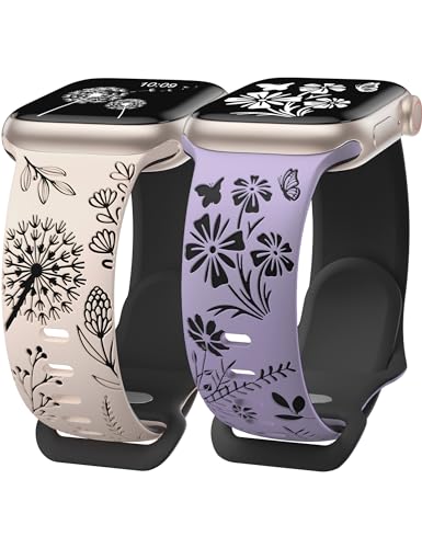 Wearlizer 2Stück Floral Gravierte Kompatibel mit Apple Watch Armband 41mm 40mm 42mm 38mm Damen, Zweifarbiges Blumen Silikon Sportarmband für iWatch Serie 10 9 8 7 6 5 4 3 2 1 SE, Polarstern/Lavendel von Wearlizer