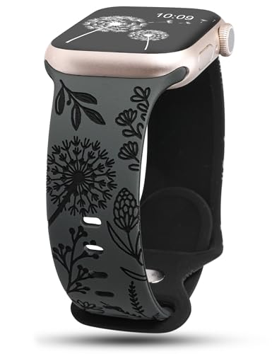 Wearlizer Floral Gravierte Kompatibel mit Apple Watch Armband 41mm 40mm 42mm 38mm Damen, Silikon Sport Blumenmuster Sportarmband für iWatch Strap Serie 10 9 8 7 6 5 4 3 2 1 SE, Grau/Schwarz von Wearlizer