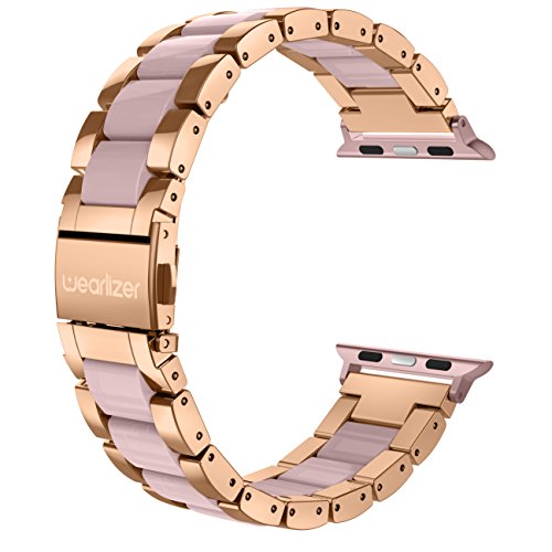 Wearlizer Kompatibel mit Apple Watch Armband 38mm 40mm 41mm Serie 8 7 6 5 4 3 2 1, Edelstahl Metall Harz iWatch Straps Ersatzband Uhrenarmband Wristband für iWatch SE, Roségold + Rosa von Wearlizer