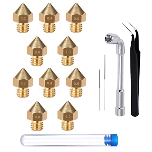 WeddHuis 10 Stk 3D Drucker Düse Set, 10x Messingdüsen MK8 Nozzle für 0,2mm 0,4mm 0,6mm 0,8mm 1,0mm Extruder Düsen mit Düsenreiniger tool für Anycubic Mega/Creality CR-10/Ender von WeddHuis