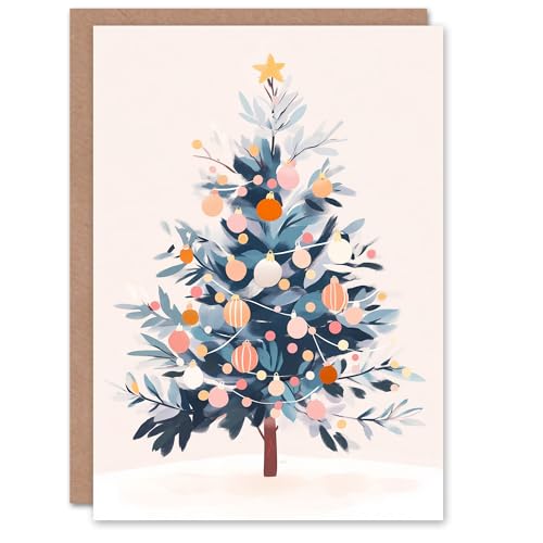 Wee Blue Coo Greeting Card Decorated Tree Pink Orange Baubles Fairy Lights Blank For Him Or Her Art Xmas Christmas Card von Wee Blue Coo