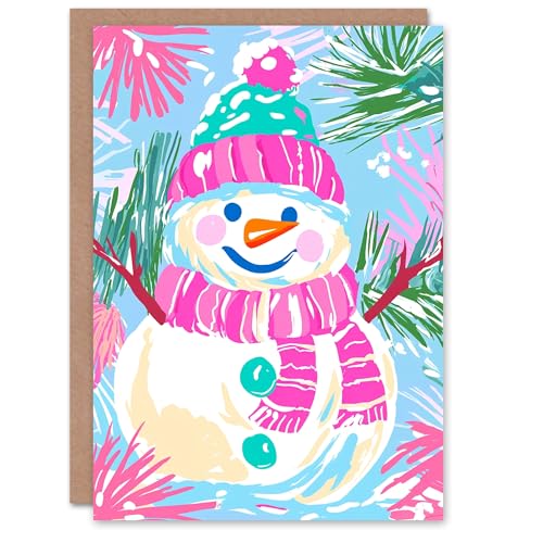 Wee Blue Coo Greeting Card Happy Snowman Bright Pink Green Blue Modern Blank For Him Or Her Art Xmas Christmas Card von Wee Blue Coo