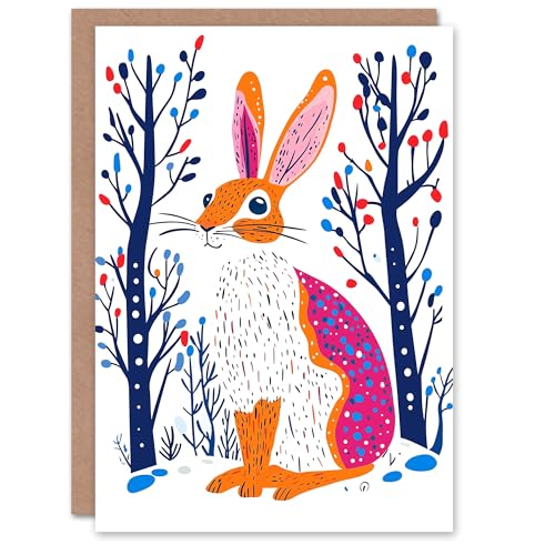 Wee Blue Coo Greeting Card Hare Rabbit in Winter Landscape Modern Folk Art Blank For Him Or Her Art Xmas Christmas Card von Wee Blue Coo