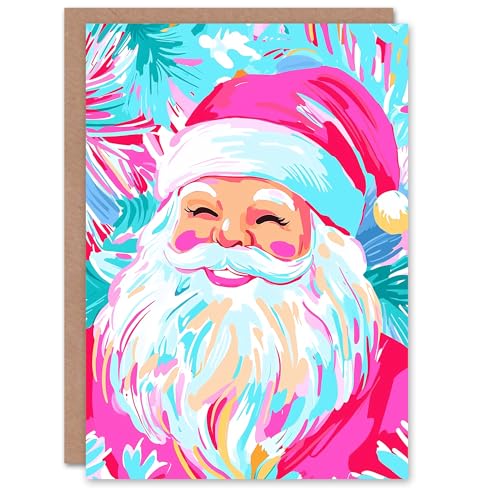 Wee Blue Coo Greeting Card Smiling Santa Claus Vibrant Fuchsia Pink Blue For Her Woman Xmas Christmas Card von Wee Blue Coo