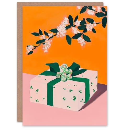 Wee Blue Coo Greeting Card Wrapped Present Blooming Tree Flowers Painting For Her Woman Xmas Christmas Card von Wee Blue Coo