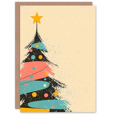 Wee Blue Coo Tree Pink Blue Yellow Mid Century Modern Fun Xmas Art Blank For All Christmas Card von Wee Blue Coo