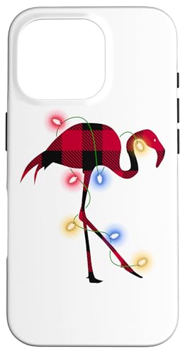 Hülle für iPhone 16 Pro Roter karierter Schlafanzug Weihnachtsbeleuchtung Flamingo von Christmas Flamingo Red Plaid Tropical Santa