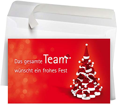 50 Premium Weihnachtskarten mit Umschlag Set für Firmen, hochwertige Klappkarten 19 x 12 cm groß, Team Weihnachtsbaum aus Mützen rot von Weihnachtskarten-Shop