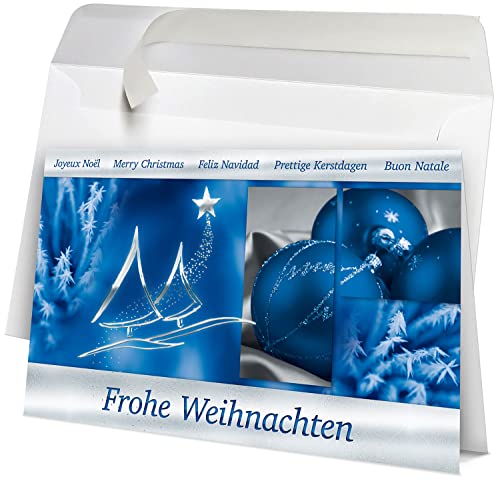 50 Premium Weihnachtskarten mit Umschlag Set für Firmen, hochwertige Klappkarten 19 x 12 cm groß, internationale Weihnachtsgrüße blau von Weihnachtskarten-Shop