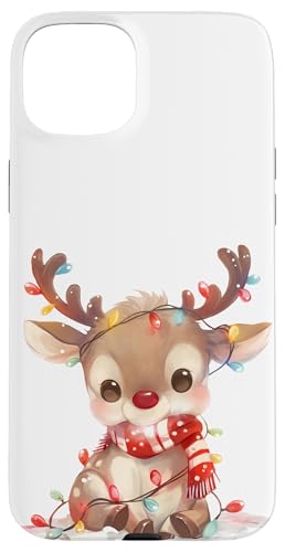 Hülle für iPhone 15 Plus Kleines Rentier "Rudolf" mit Schal und Lichterkette von Weihnachtsmotive mit Tieren