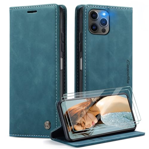 CaseMe Handyhülle für iPhone 15 Pro Max Hülle +2 Stück Panzerglas Schutzfolie, Premium Leder Brieftasche Schutzhülle [Kartenfach][Stand] für iPhone 15 Pro Max, Blaugrün von WenBaby