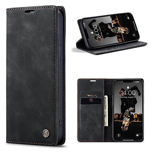 CaseMe Hülle für iPhone 13 Vintage Dünne Handyhülle mit Kartenfach Geld Slot Ständer PU Ledertasche Flip Schutzhülle für iPhone 13- Schwarz von WenBaby