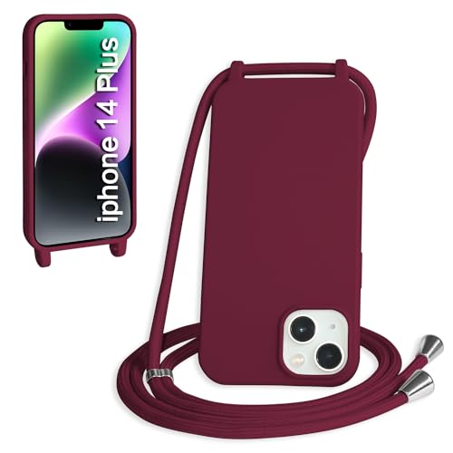 WenBaby Handykette für iPhone 14 Plus Hülle mit Band,Handyhülle mit Schnur zum Umhängen Silikon Seil Necklace Schutzhülle mit Kordel Tasche Case TPU Bumper für iPhone 14 Plus- Rot von WenBaby