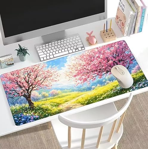 Karikatur Mauspad Große Kirschblüten Schreibtischunterlage, Mauspad Gaming, Gaming Tastatur Matte, Geschenke für Frauen, Großer Erweiterter Schreibtisch Schutz Für Office, Decor 1000x500x3mm W5-114 von Weoqion