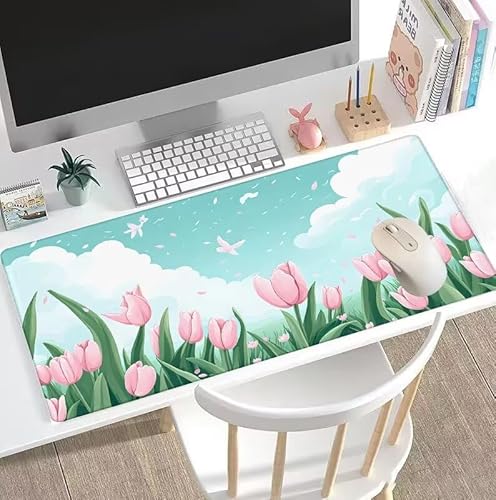 Mauspad Karikatur Mauspad XXL 900x400x3mm Schreibtischunterlage Tulpe Mousepad Large Size Anti Rutsch Basis Mouse Pad, Verbessert Geschwindigkeit Gaming-Mauspads, Gaming Zubehör für PC Office W5-777 von Weoqion