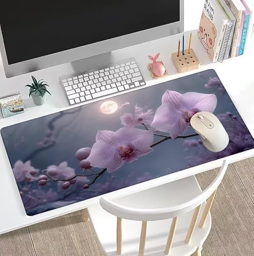 Mauspad Mond Mauspad XXL 1400x700x3mm Schreibtischunterlage Phalaenopsis Mousepad Large Size mit Anti Rutsch Basis Mouse Pad, Wasserdicht Gaming-Mauspads, Gaming Zubehör für PC Office Home W5-786 von Weoqion