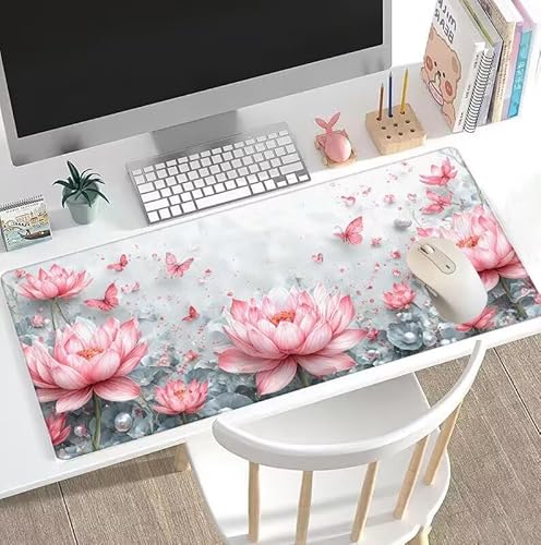 Mauspad Rosa Mauspad XXL 900x400x3mm Schreibtischunterlage Lotus Mousepad Large Size Anti Rutsch Basis Mouse Pad, Verbessert Geschwindigkeit Gaming-Mauspads, Gaming Zubehör für PC Office Home W5-417 von Weoqion