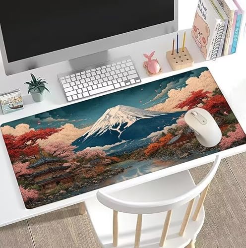 rutschfest Schreibtischunterlage, Gaming Mousepad XXL Groß Mauspad Rosa Mouse Pad mit Motiv, wasserdichte Stoffoberfläche und rutschfeste Gummiunterseite, Mauspad Berg Fuji XXL 900x400x3mm W5-32 von Weoqion