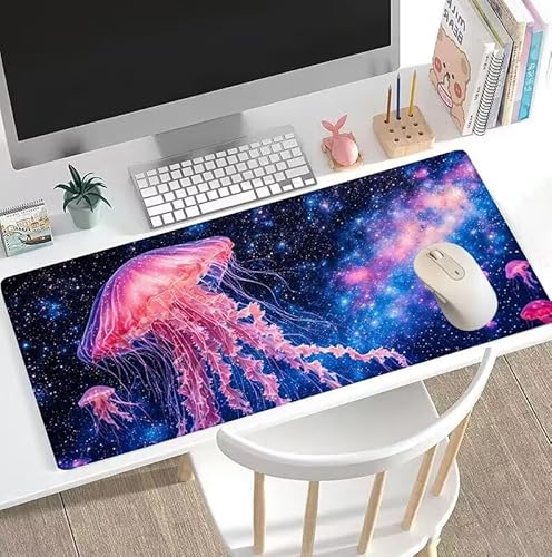 rutschfest Schreibtischunterlage, Gaming Mousepad XXL Groß Mauspad Rosa Mouse Pad mit Motiv, wasserdichte Stoffoberfläche und rutschfeste Gummiunterseite, Mousepad Qualle XXL 500x250x3mm, Decor W5-41 von Weoqion