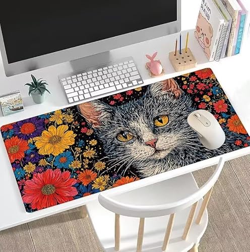 rutschfest Schreibtischunterlage, Gaming Mousepad XXL Mauspad Schwarz Mouse Pad mit Motiv, wasserdichte Stoffoberfläche und rutschfeste Gummiunterseite, Schreibtischunterlage Katze 1400x700x3mm W5-2 von Weoqion