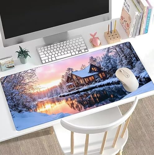 rutschfest Schreibtischunterlage, Gaming Mousepad XXL Mauspad Weiß Mouse Pad mit Motiv, wasserdichte Stoffoberfläche und rutschfeste Gummiunterseite, Schreibtischunterlage Winter 1400x700x3mm W5-215 von Weoqion