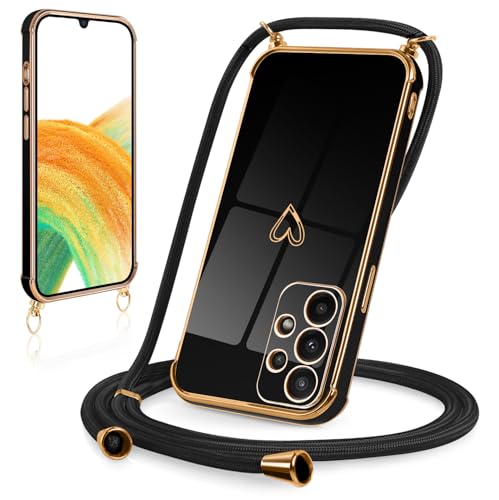 Kokio Handykette Hülle für Samsung Galaxy A33 5G Handyhülle mit Band, Ultra Dünn Herz Love Design Galvanik Silikon Schutzhülle mit Kette Kordel zum Umhängen für Samsung A33 5G, Schwarz von Kokio