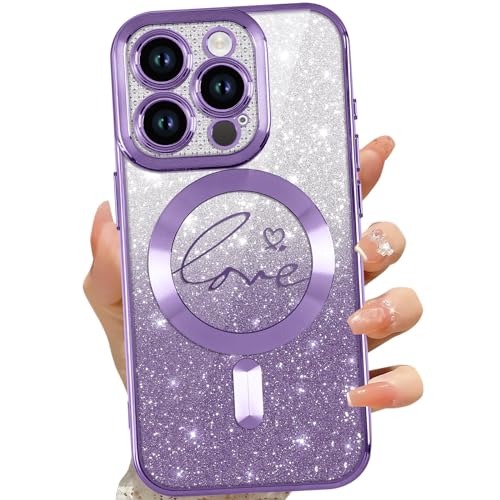 Kokio Hülle für iPhone 15 Pro, Luxuriöse Glitzer Beschichtung Magnetische Handyhülle, Herz-Motiv und Pailletten, Transparent Stoßfest Case für iPhone 15Pro, Violett von Kokio