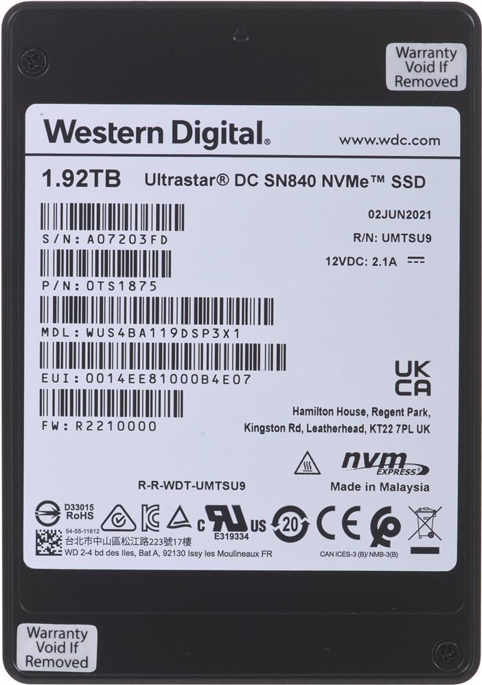 WESTERN DIGITAL ULTRASTAR DC SN840 NVMe SSD 1920GB 6,4cm 2.5 15.0MM PCIe TLC RI-3DW/D BICS4 SE - WUS4BA119DSP3X1 (0TS1875) von Western Digital