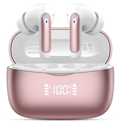 Bluetooth Kopfhörer, Kopfhörer Kabellos Bluetooth 5.3 in Ear Kopfhörer mit 4 ENC Noise Cancelling Mic, 56H HiFi Stereo Tiefbass Spielzeit, IP7 Wasserdicht Ohrhörer LED Anzeige, Touch Control, Roségold von WeurGhy