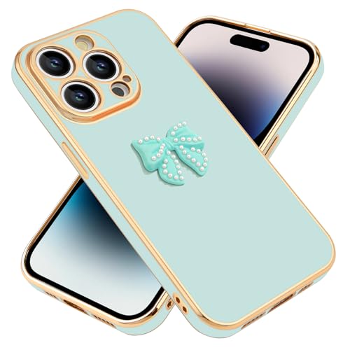 Weusity Hülle für iPhone 14 Pro Mädchen Handyhülle Niedliche Schleife ästhetisches Design Schutzhülle Luxus galvanisiert Case für iPhone 14 Pro Grün von Weusity