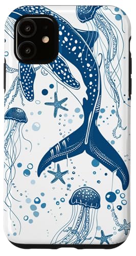 Hülle für iPhone 11 Blaue Umrisszeichnung von Walhai und Seestern von Whale Shark Coral Reefs Seashell Starfish Design