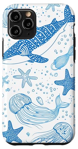 Hülle für iPhone 11 Pro Blaue Umrisszeichnung von Walhai und Seestern von Whale Shark Coral Reefs Seashell Starfish Design