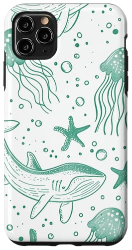 Hülle für iPhone 11 Pro Max Grüne Umrisszeichnung von Walhai und Seestern von Whale Shark Coral Reefs Seashell Starfish Design