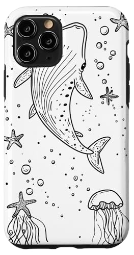 Hülle für iPhone 11 Pro Schwarze Umrisszeichnung von Walhai und Seestern von Whale Shark Coral Reefs Seashell Starfish Design