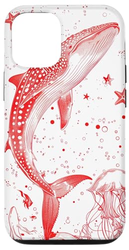 Hülle für iPhone 12/12 Pro Rote Umrisszeichnung von Walhai und Seestern von Whale Shark Coral Reefs Seashell Starfish Design