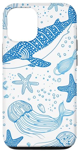 Hülle für iPhone 14 Blaue Umrisszeichnung von Walhai und Seestern von Whale Shark Coral Reefs Seashell Starfish Design