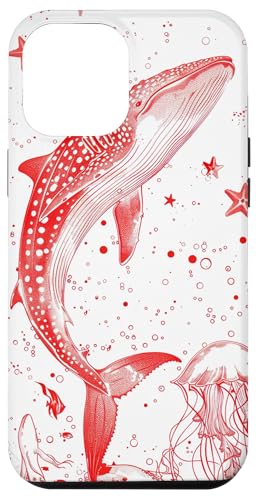 Hülle für iPhone 14 Pro Max Rote Umrisszeichnung von Walhai und Seestern von Whale Shark Coral Reefs Seashell Starfish Design