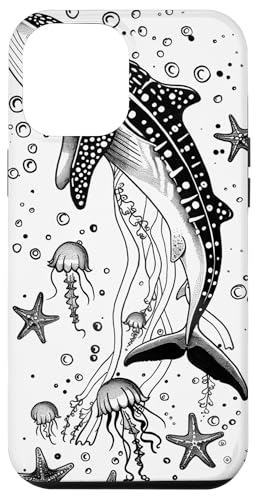 Hülle für iPhone 14 Pro Max Schwarze Umrisszeichnung von Walhai und Seestern von Whale Shark Coral Reefs Seashell Starfish Design