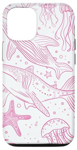 Hülle für iPhone 15 Pro Rosa Umrisszeichnung von Walhai und Seestern von Whale Shark Coral Reefs Seashell Starfish Design