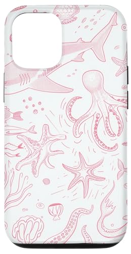 Hülle für iPhone 15 Rosa Umrisszeichnung von Walhai und Seestern von Whale Shark Coral Reefs Seashell Starfish Design