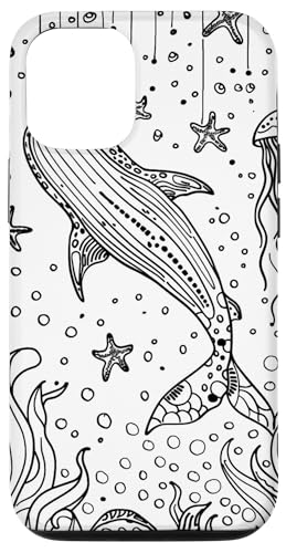 Hülle für iPhone 15 Schwarze Umrisszeichnung von Walhai und Seestern von Whale Shark Coral Reefs Seashell Starfish Design