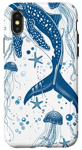 Hülle für iPhone X/XS Blaue Umrisszeichnung von Walhai und Seestern von Whale Shark Coral Reefs Seashell Starfish Design