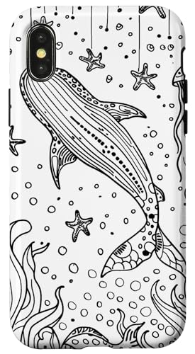 Hülle für iPhone X/XS Schwarze Umrisszeichnung von Walhai und Seestern von Whale Shark Coral Reefs Seashell Starfish Design