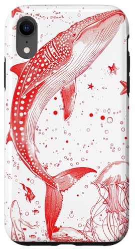 Hülle für iPhone XR Rote Umrisszeichnung von Walhai und Seestern von Whale Shark Coral Reefs Seashell Starfish Design