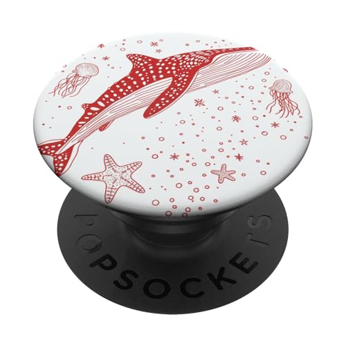 Rote Umrisszeichnung von Walhai und Seestern PopSockets mit austauschbarem PopGrip von Whale Shark Coral Reefs Seashell Starfish Design