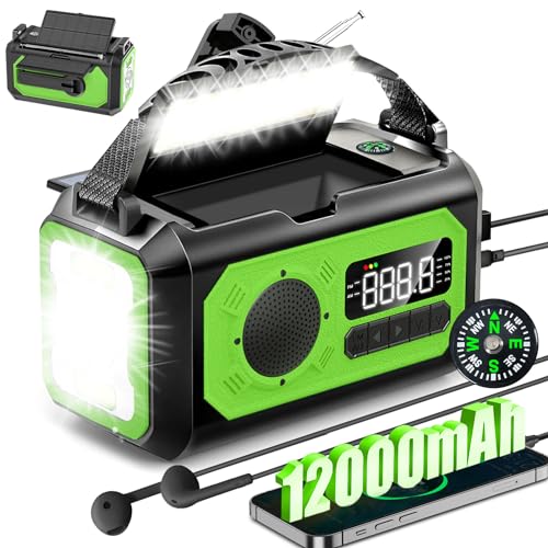 12000mAh Kurbelradio mit Handyladefunktion, Solar Radio mit 2 Sonnenkollektoren, AM/FM Tragbar Notfallradio mit Kopfhöreranschluss/Leseleuchte/LED Taschenlampe/Kompass/SOS Alarm für Camping Outdoor von Wholede