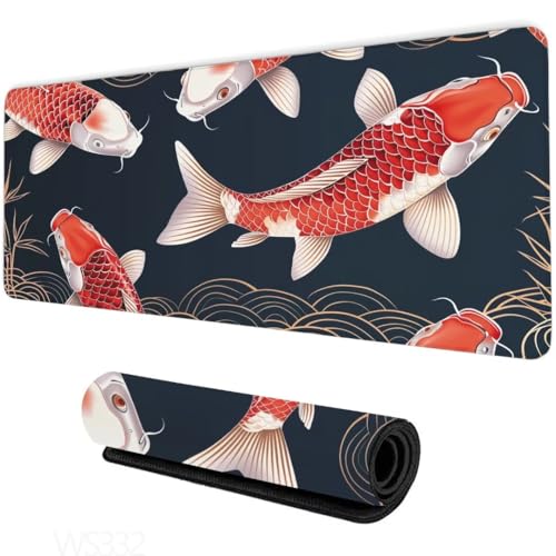 Mauspad Rot Schreibtischunterlage,Mouse Pad Koi Gaming Mauspad,Mauspad XXL 600x400x3mm,rutschfeste Gummibasis Desk Mat,Genähte Kanten Mauspad,Groß Erweiterter Schreibtisch Schutz,Geschenke WS-332 von Whoonng